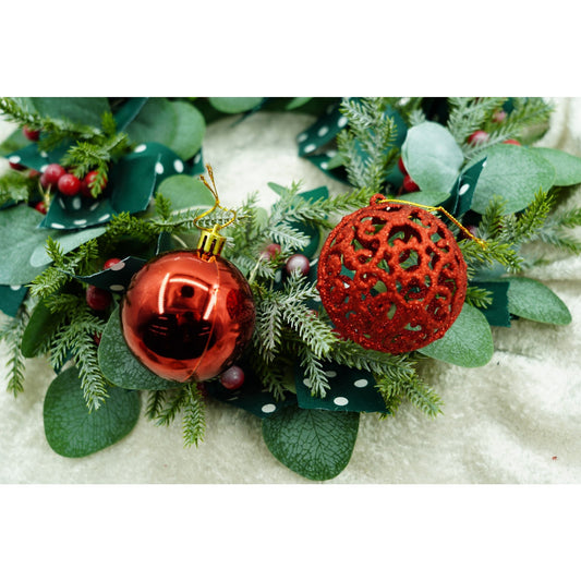 Set de 12 Globuri pentru Brad, Ornamente de Craciun cu Sclipici, Material Plastic Rezistent, Mix Rosu si Auriu, Diametru 6 cm, Cutie Cadou 23x18x6 cm