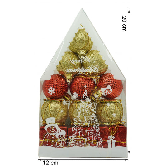 Set 12 Globuri Pentru Brad De Craciun, Ornamente Decorative Din Polistiren, Finisaj Cu Sclipici, Rosu Si Auriu, Cutie 20 x 12 x 4 cm