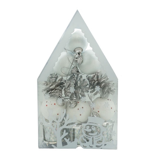 Set 12 Globuri Crăciun, Ornamente Brad cu Finisaj Sclipitor, Polistiren Rezistent, Alb și Argintiu, Cutie Depozitare 20 x 12 x 4 cm
