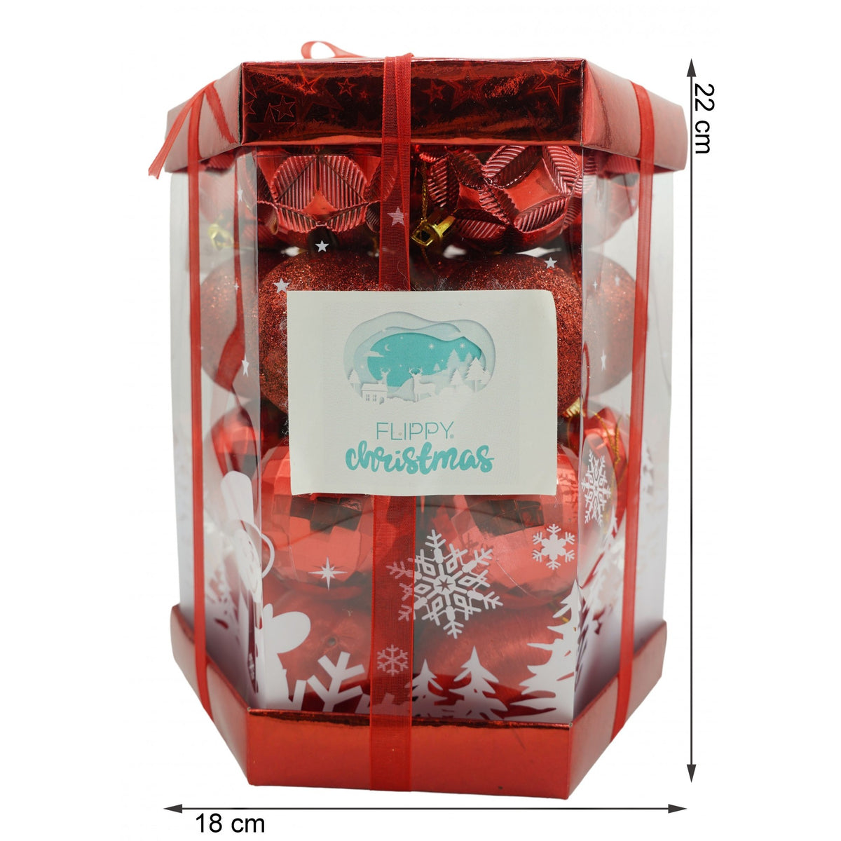 Set 28 Ornamente de Brad, Globuri Rosii cu Finisaj Sclipitor, Polistiren, Cutie 18 x 22 x 18 cm