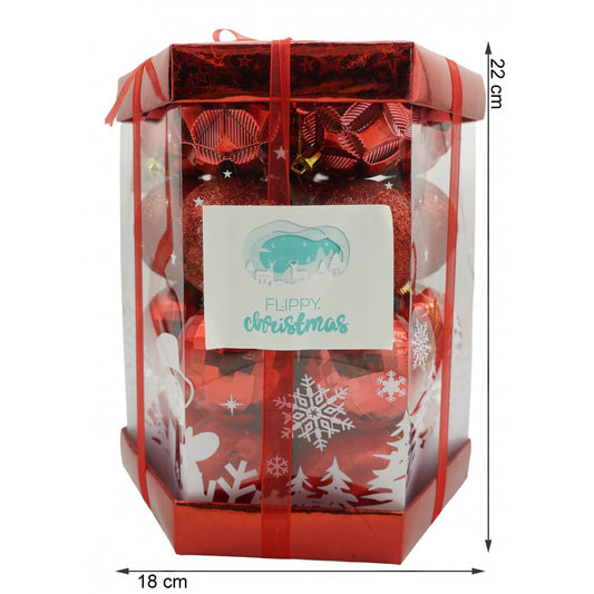 Set 28 Ornamente de Brad, Globuri Rosii cu Finisaj Sclipitor, Polistiren, Cutie 18 x 22 x 18 cm