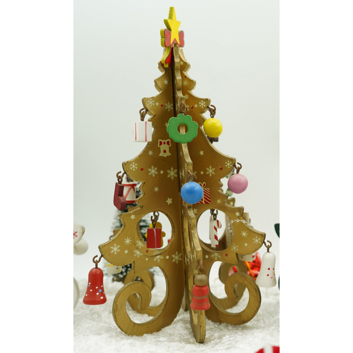 Decoratiune Craciun de Masa in Forma de Brad, Ornament Festiv cu 6 Cavitati Detasabile, Material Lemn, Dimensiuni 12 cm x 20 cm, Culoare Auriu