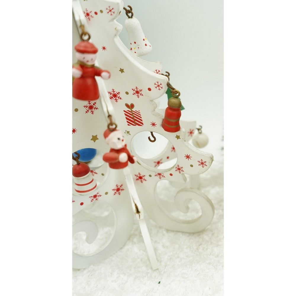 Brad de Craciun Decorativ, Suport cu 6 Cavitati si Ornamente Detasabile, Design Festiv, Lemn, Alb, 12 cm x 20 cm