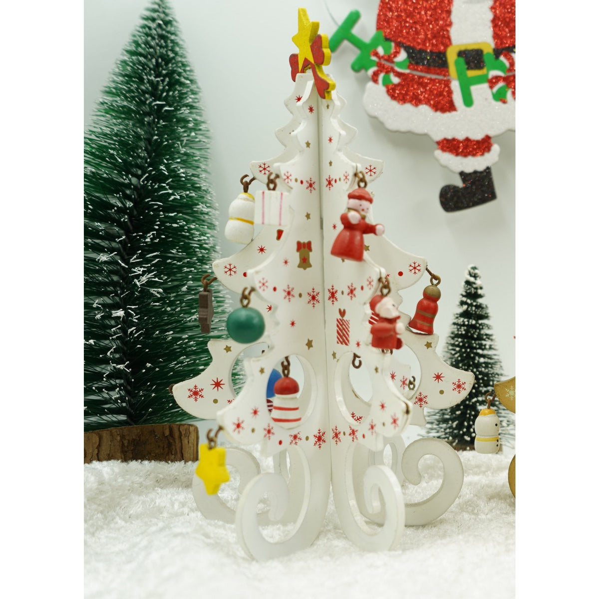 Brad de Craciun Decorativ, Suport cu 6 Cavitati si Ornamente Detasabile, Design Festiv, Lemn, Alb, 12 cm x 20 cm