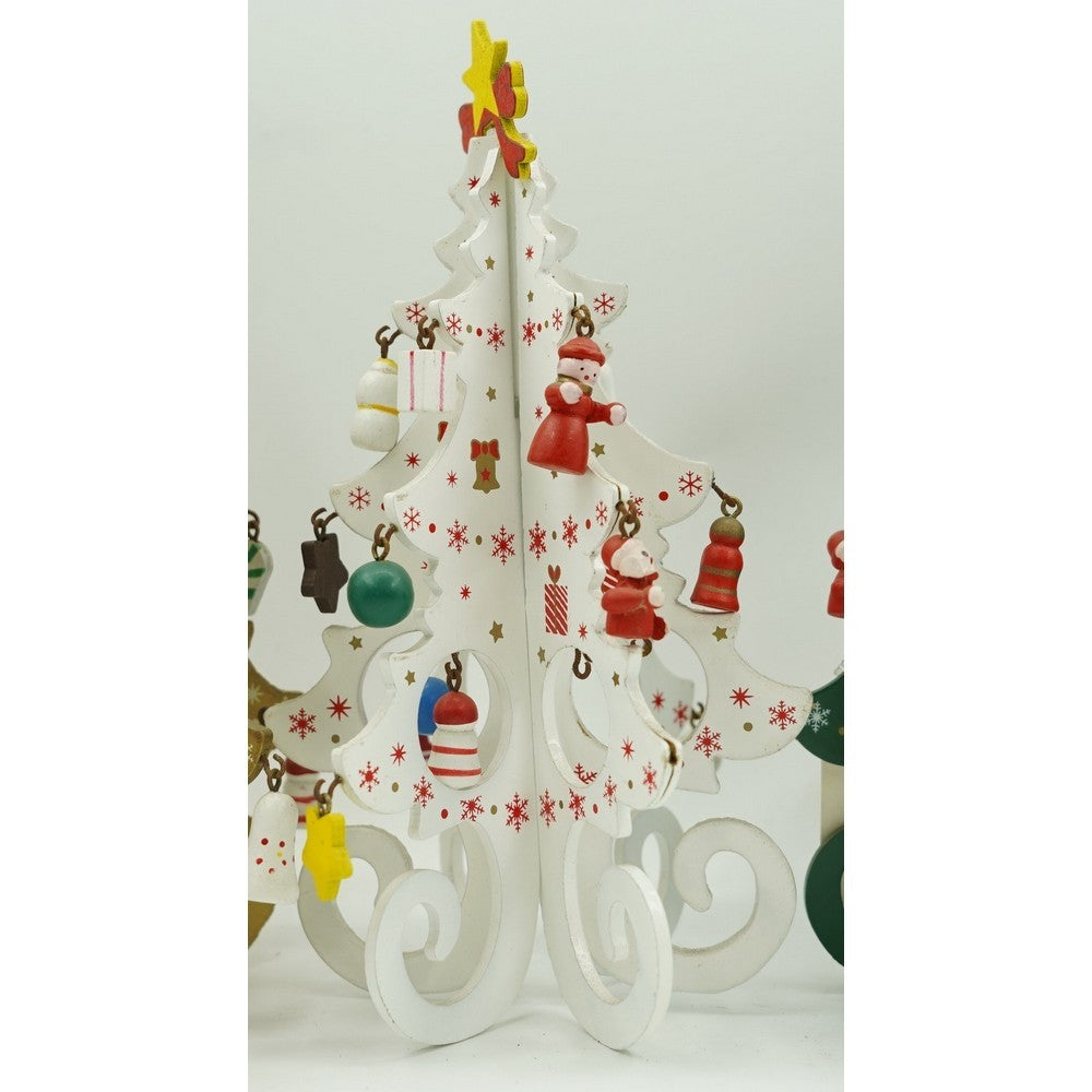 Brad de Craciun Decorativ, Suport cu 6 Cavitati si Ornamente Detasabile, Design Festiv, Lemn, Alb, 12 cm x 20 cm