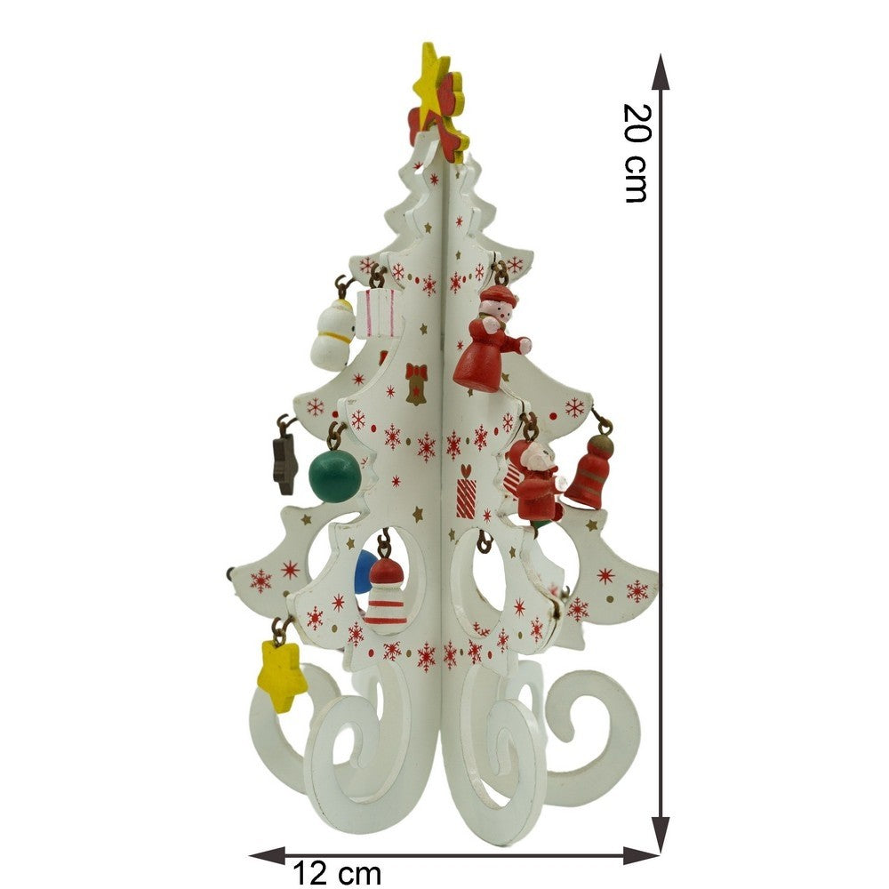 Brad de Craciun Decorativ, Suport cu 6 Cavitati si Ornamente Detasabile, Design Festiv, Lemn, Alb, 12 cm x 20 cm