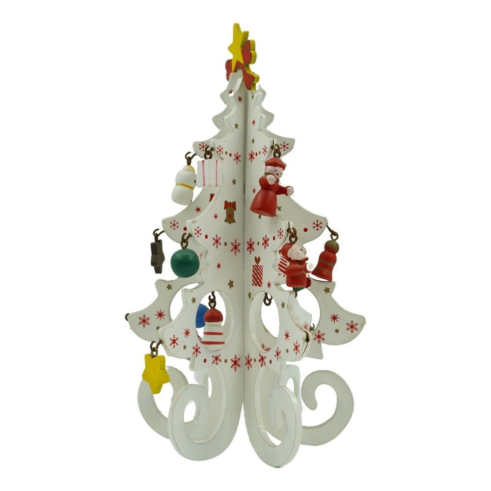 Brad de Craciun Decorativ, Suport cu 6 Cavitati si Ornamente Detasabile, Design Festiv, Lemn, Alb, 12 cm x 20 cm