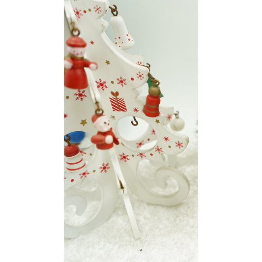 Brad de Craciun Decorativ, Suport cu 6 Cavitati si Ornamente Detasabile, Design Festiv, Lemn, Alb, 12 cm x 20 cm