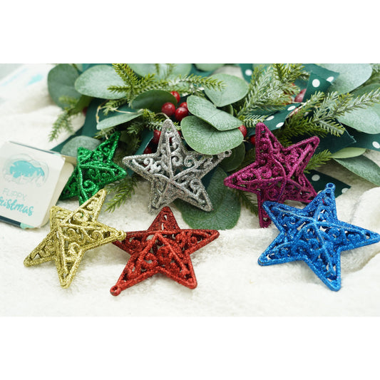 Set 6 Ornamente pentru Brad Crăciun, Formă Stea cu Sclipici, Decorațiuni Suspendabile din Plastic, Multicolor, Cutie 31 x 9 x 3 cm