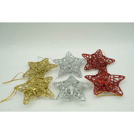 Set 6 Ornamente pentru Brad, Model Stea cu Sclipici, Decoratiuni Craciun din Metal, Cutie Depozitare 27 x 8 x 3 cm, Multicolor
