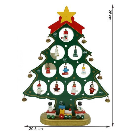 Brad De Crăciun Decorativ Din Lemn, 10 Cavități Cu Ornamente Detașabile, Verde, 20.5 x 28 cm