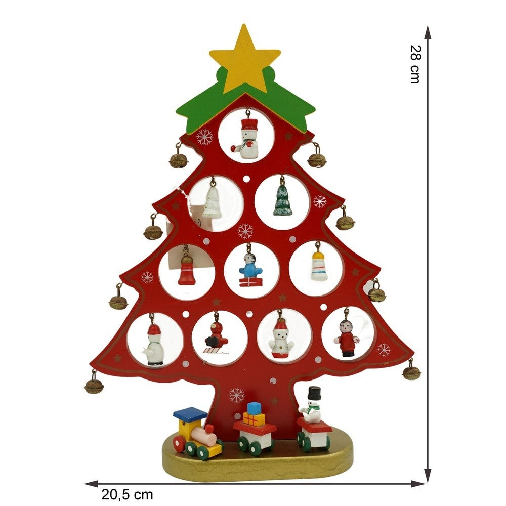 Decoratiune Craciun Tip Brad, 10 Cavitati Cu Ornamente Detasabile, Material Lemn, Rosu, 20.5 cm x 28 cm
