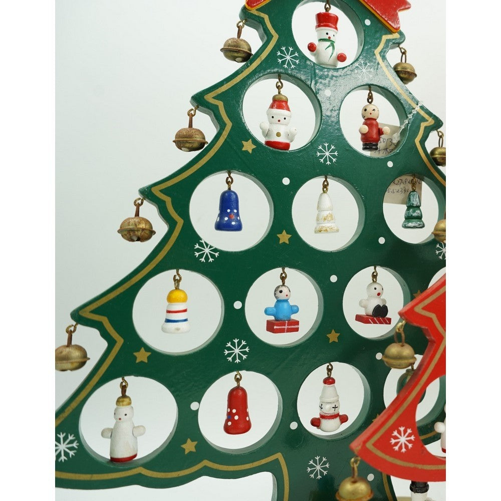 Brad De Crăciun Decorativ Din Lemn, 15 Cavități Cu Ornamente Detașabile, Verde, 25.5 cm x 33 cm