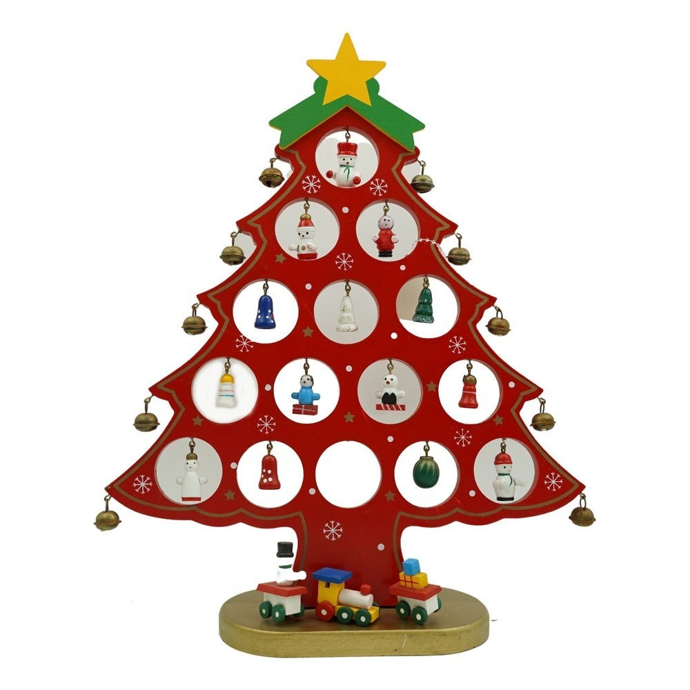 Brad de Craciun Decorativ, Suport cu 15 Cavitati si Ornamente Miniatura, Lemn Natural, Rosu, 25.5 cm x 33 cm