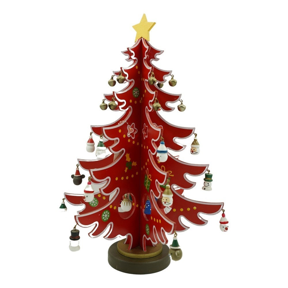 Brad de Craciun Decorativ cu 15 Ornamente Detasabile, Decoratiune de Masa din Lemn, Model Festiv cu Cavitati, Rosu si Alb, 25.5 x 33 cm