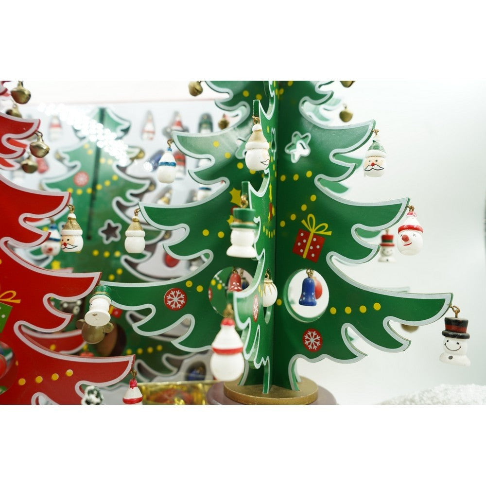 Brad de Crăciun Decorativ din Lemn, Suport cu 15 Cavități și Ornamente Incluse, Verde și Alb, 25.5 x 33 cm