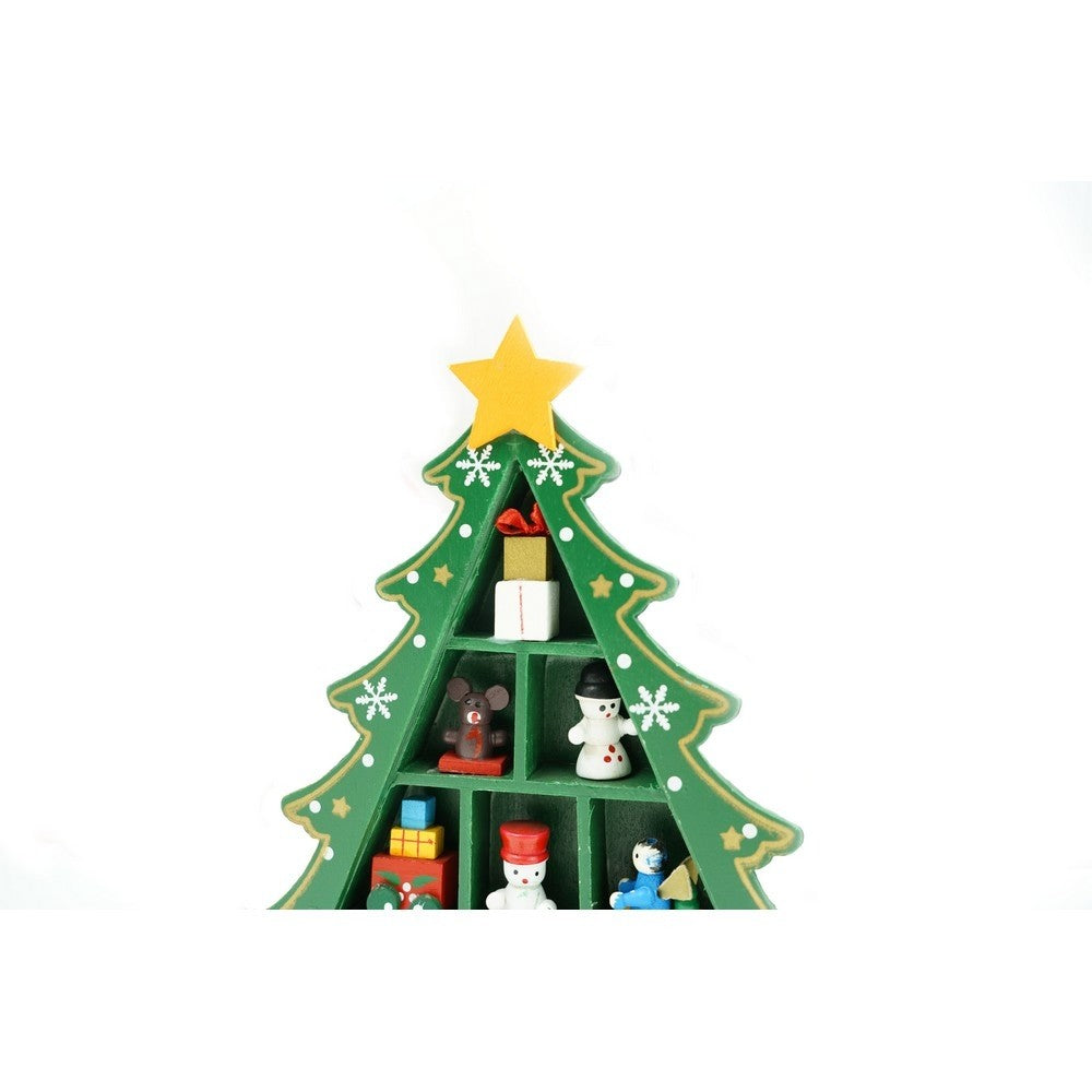 Brăduț Decorativ de Crăciun, Ornament Masă cu 3 Rânduri, Lemn Pictat, Verde, 12 x 18 cm