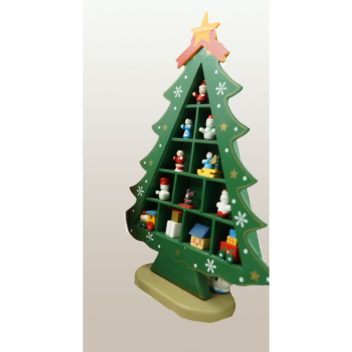 Brad Decorativ de Craciun, 5 Cavitati cu Ornamente Incluse, Design Festiv, Lemn, Verde, 22 cm x 29 cm