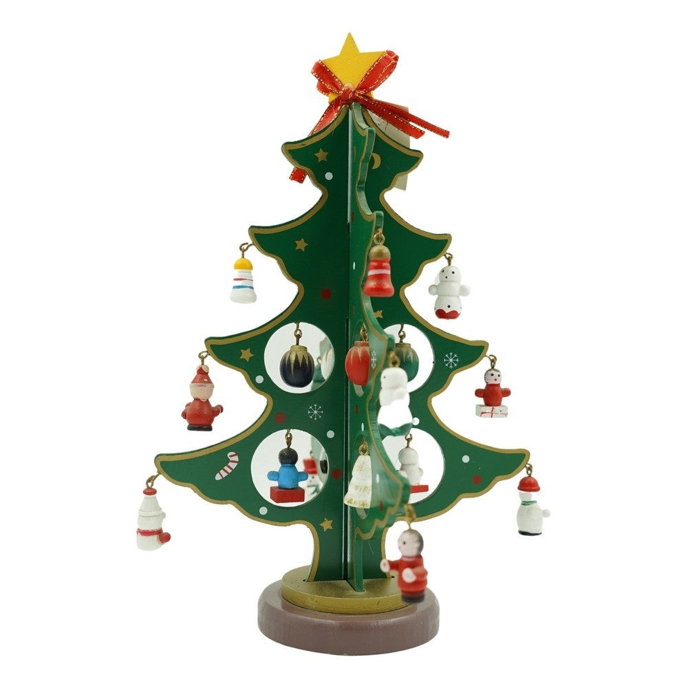 Decoratiune Craciun de Masa, Brad Festiv cu 8 Cavitati si Ornamente, Lemn Pictat, Verde, 18.5 cm x 25 cm