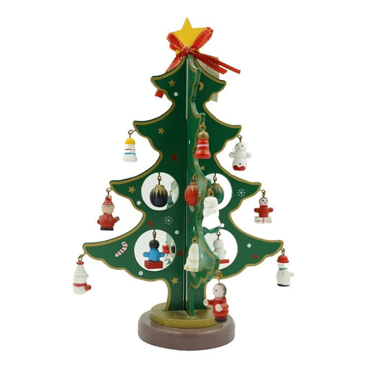 Decoratiune Craciun de Masa, Brad Festiv cu 8 Cavitati si Ornamente, Lemn Pictat, Verde, 18.5 cm x 25 cm