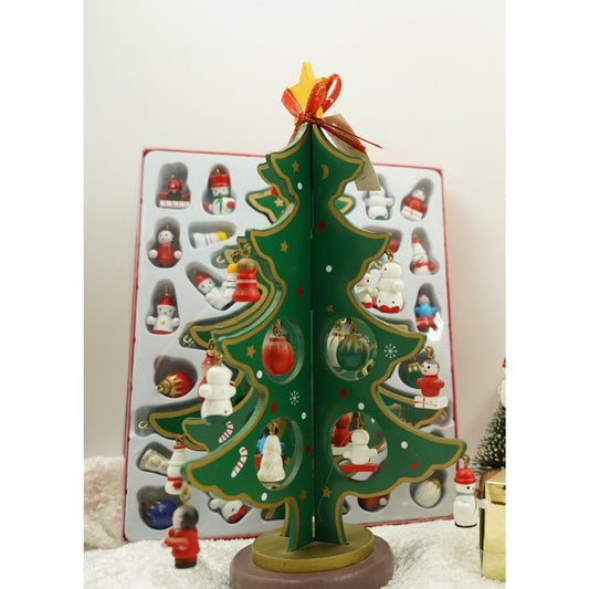 Decoratiune Craciun de Masa, Brad Festiv cu 8 Cavitati si Ornamente, Lemn Pictat, Verde, 18.5 cm x 25 cm