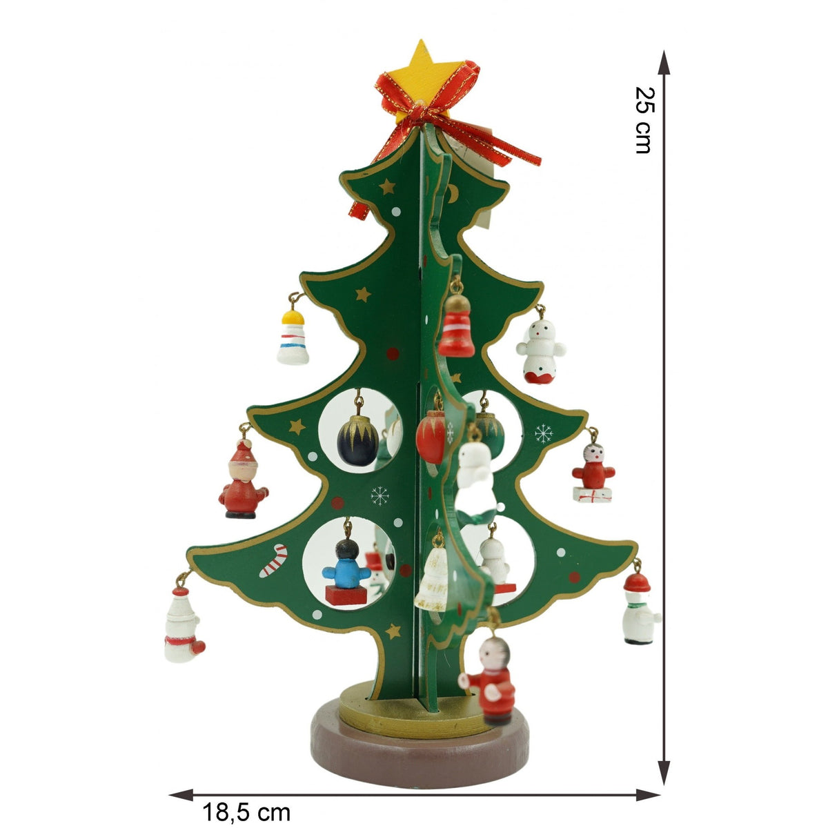 Decoratiune Craciun de Masa, Brad Festiv cu 8 Cavitati si Ornamente, Lemn Pictat, Verde, 18.5 cm x 25 cm