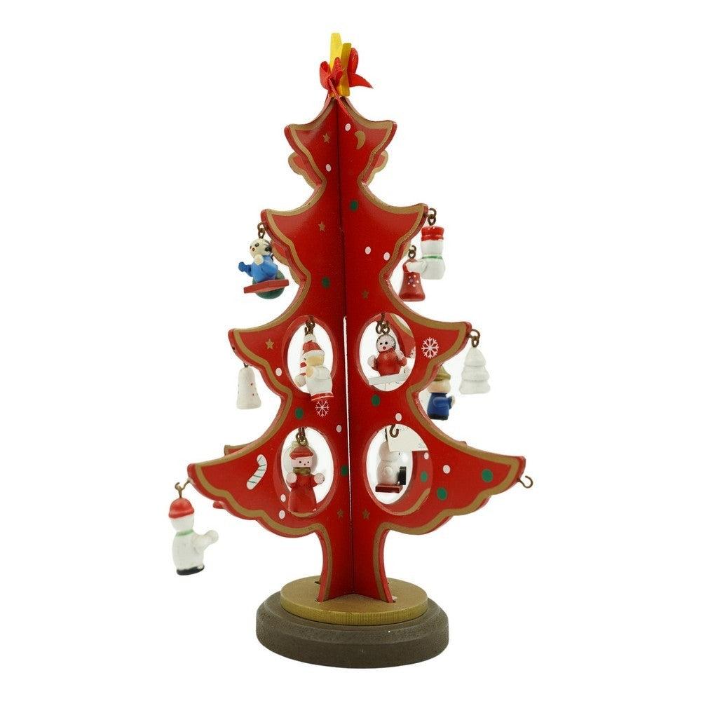 Brad de Craciun Decorativ, 8 Cavitati cu Ornamente Detasabile, Lemn, Rosu, 18.5 x 25 cm