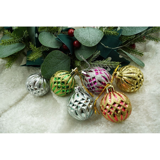 Set 6 Ornamente Brad Tip Glob, Finisaj Sclipitor, Plastic, Multicolor, 4 cm