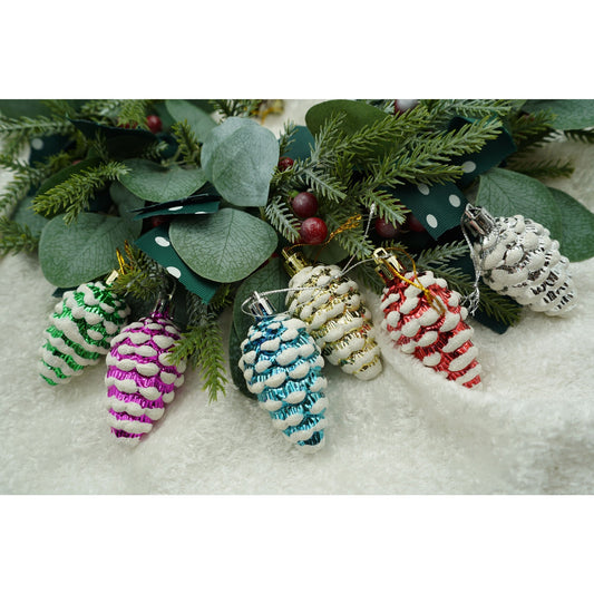 Set 6 Ornamente pentru Brad, Model Conuri de Pin cu Sclipici, Material Plastic, Decoratiuni Craciun Multicolore, Diametru 3.5 cm