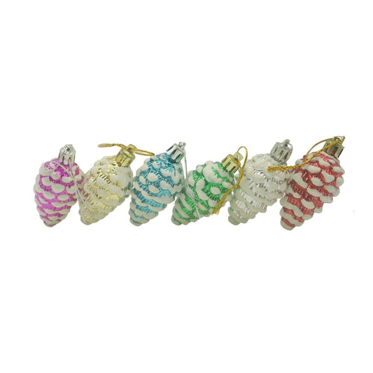 Set 6 Ornamente pentru Brad, Model Conuri de Pin cu Sclipici, Material Plastic, Decoratiuni Craciun Multicolore, Diametru 3.5 cm