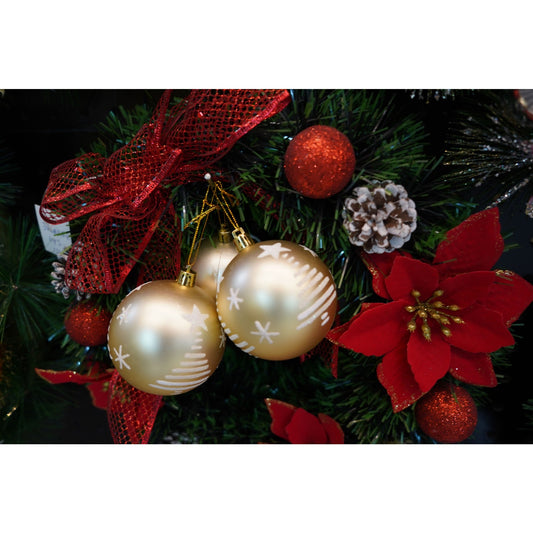Set 6 Ornamente Brad, Globuri Crăciun cu Sclipici, Material Plastic Rezistent, Alb și Auriu, Diametru 7 cm