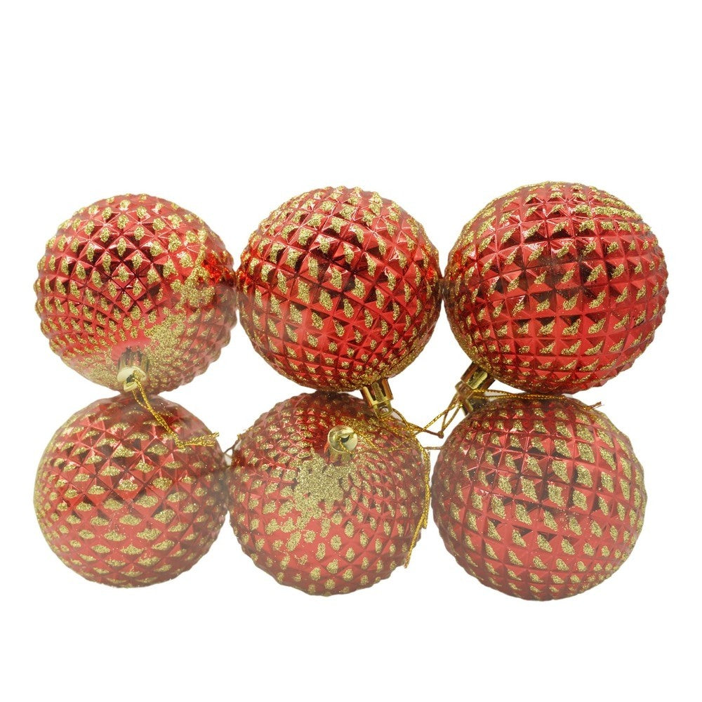 Set 6 Globuri pentru Brad de Crăciun, Ornamente cu Finisaj Sclipitor, Material Plastic Rezistent, Diametru 8 cm, Roșu și Auriu