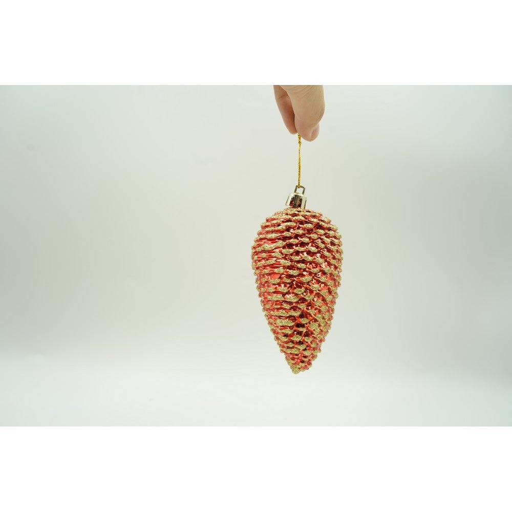 Set 4 Ornamente pentru Brad, Conuri de Crăciun cu Finisaj Sclipitor, Plastic, Roșu, Diametru 5.5 cm