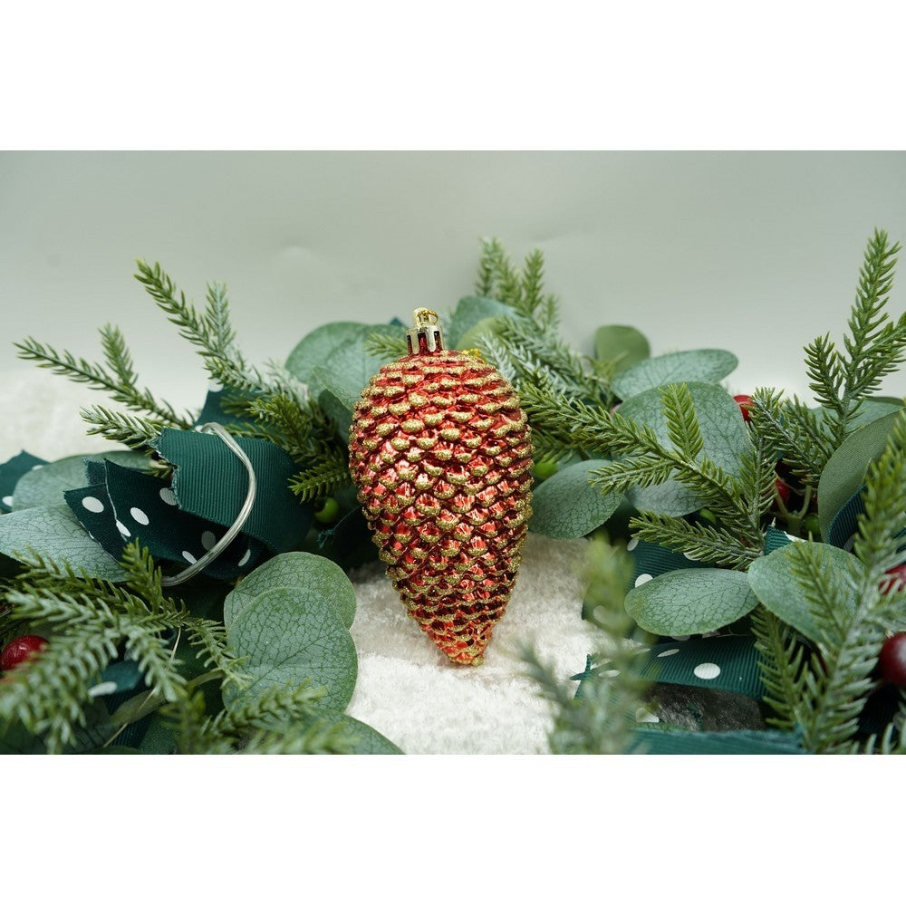 Set 4 Ornamente pentru Brad, Conuri de Crăciun cu Finisaj Sclipitor, Plastic, Roșu, Diametru 5.5 cm