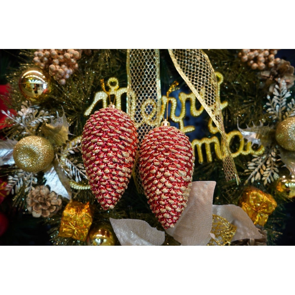 Set 4 Ornamente pentru Brad, Conuri de Crăciun cu Finisaj Sclipitor, Plastic, Roșu, Diametru 5.5 cm