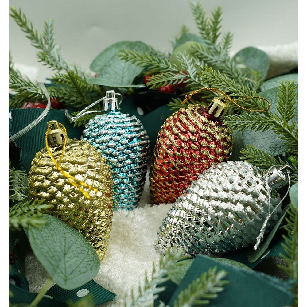 Set 6 Ornamente pentru Brad, Model Conuri, Finisaj Sclipitor, Plastic, Multicolor, 4.5 cm