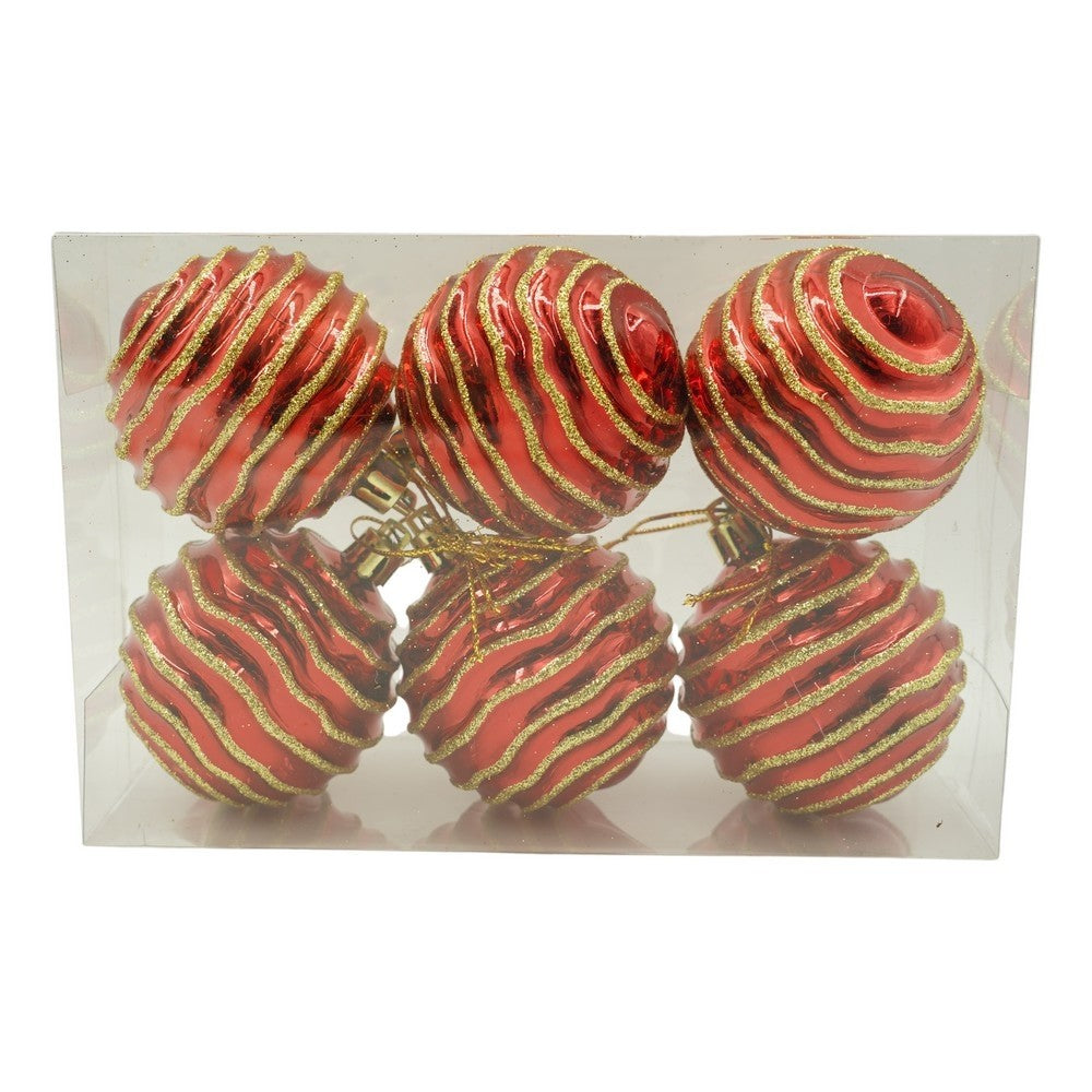 Set 6 Globuri Crăciun, Ornamente Brad cu Finisaj Sclipitor, Plastic Rezistent, Roșu și Auriu, 7 cm