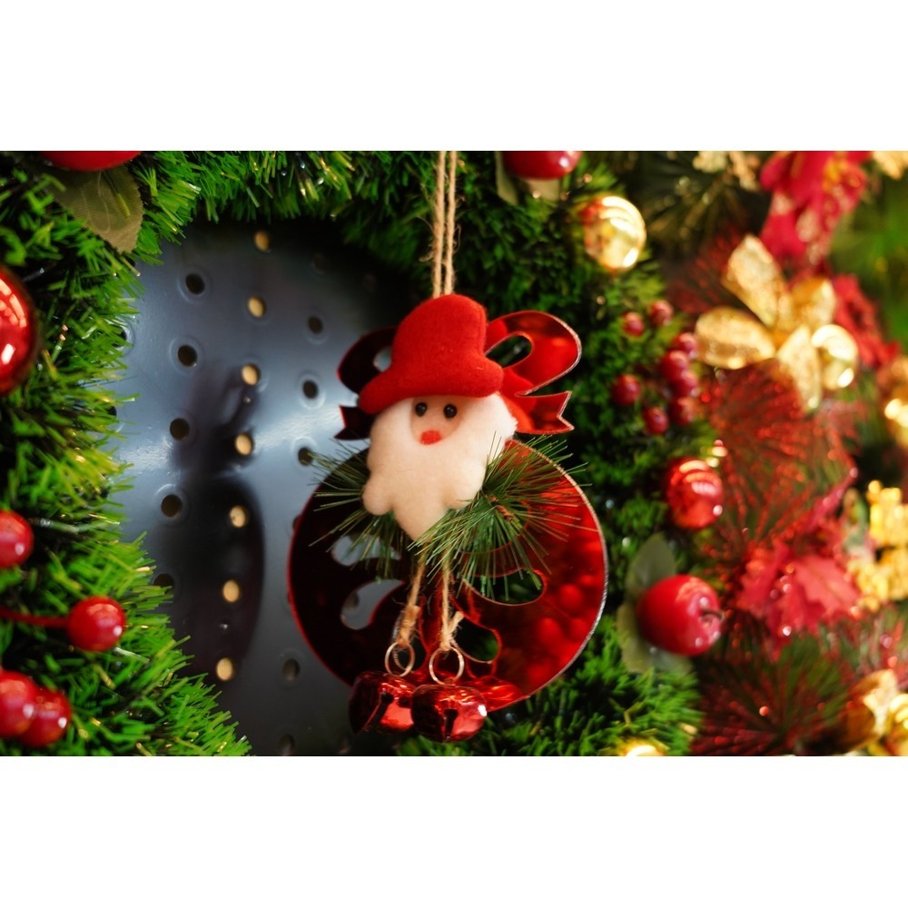 Ornament Brad Crăciun Rotund cu Clopoței, Model Decorativ Lucios, Acril, Roșu, 15 x 20 cm