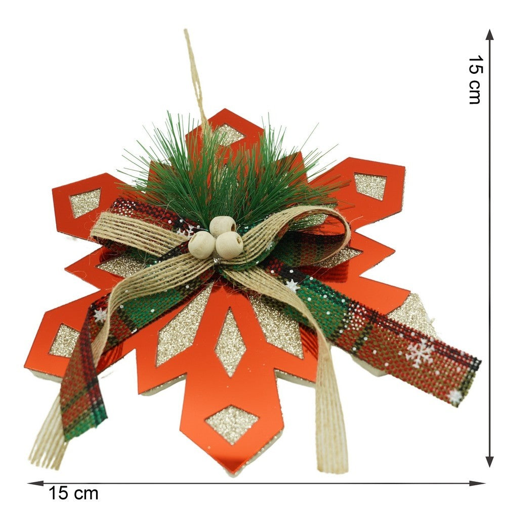 Ornament Brad Crăciun, Fulg de Nea Mare, Finisaj Lucios, Acril Rezistent, Interior și Exterior, Roșu, 15x15 cm