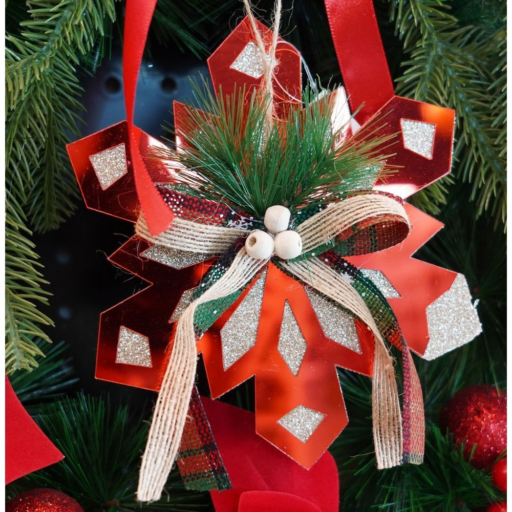 Ornament Brad Crăciun, Fulg de Nea Mare, Finisaj Lucios, Acril Rezistent, Interior și Exterior, Roșu, 15x15 cm