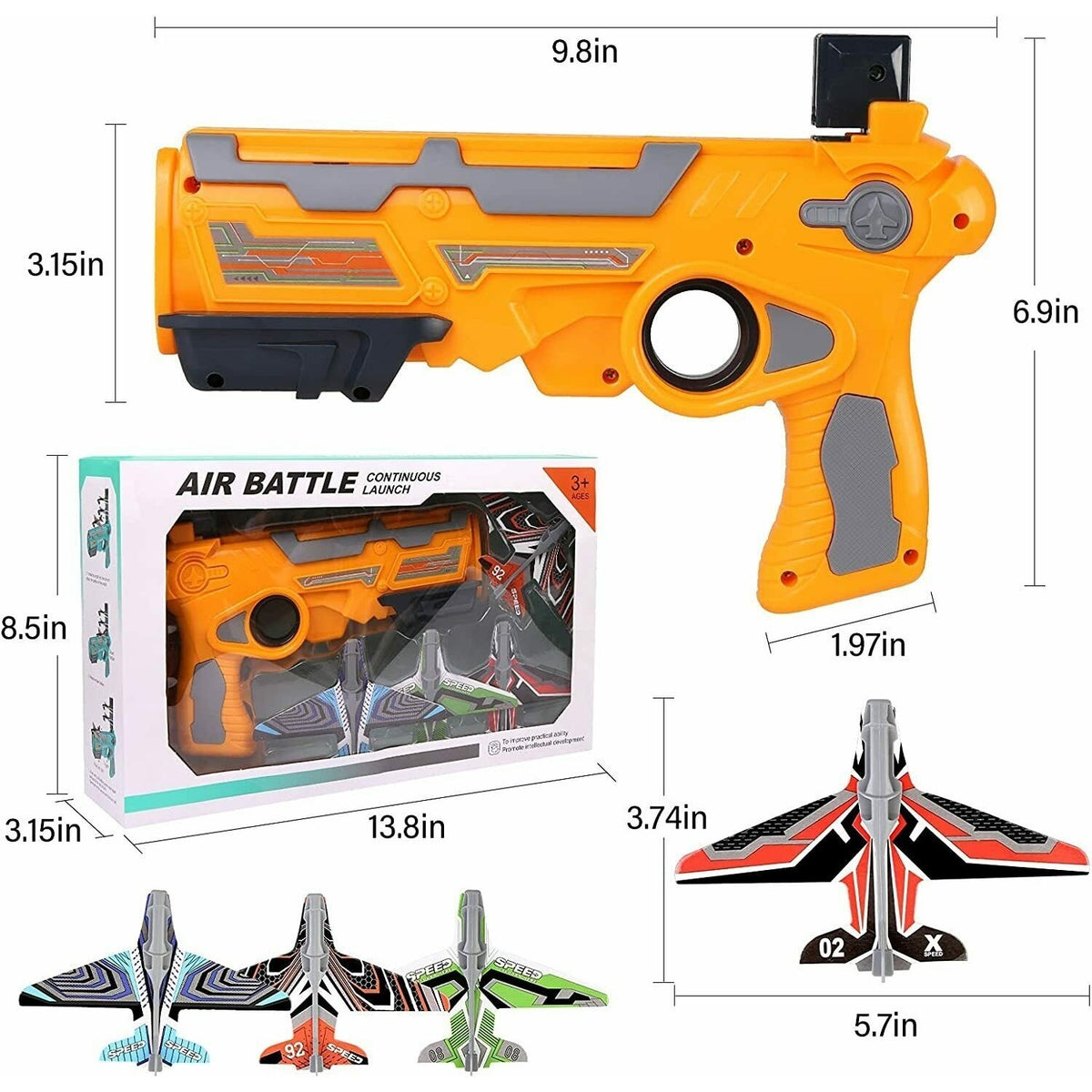 Lansator de Avioane Air Battle, Pistol cu Proiectile Mobile din Polistiren, Jucarie Interactiva pentru Exterior, Portocaliu, Set 4 Avioane Incluse