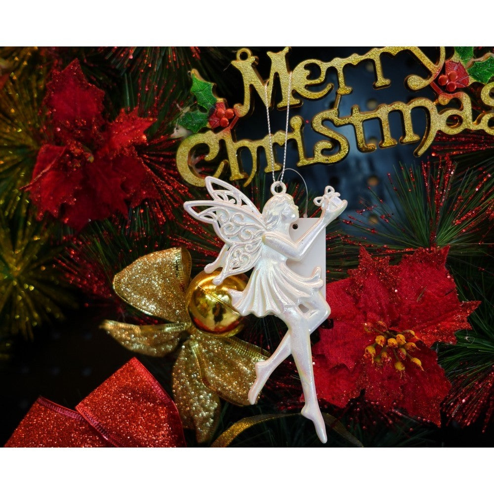 Ornament Brad Crăciun în Formă de Înger, Design Perlat cu Sclipici, Decorațiune Festivă Agățătoare, Plastic, 8 x 14 cm, Alb Perlat