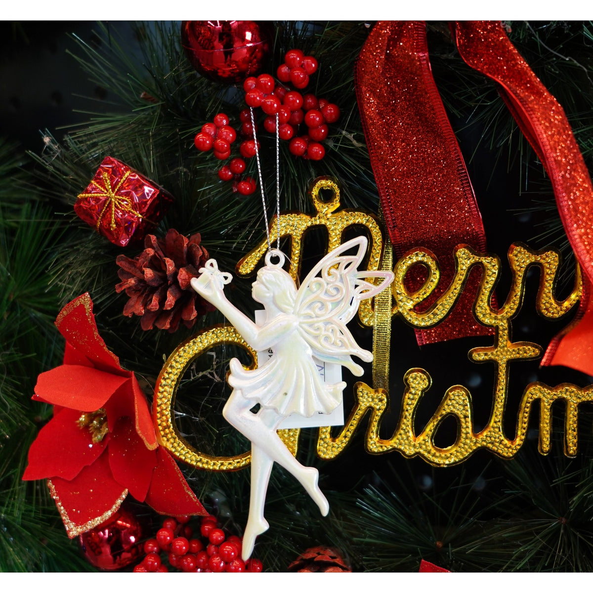 Ornament Brad Crăciun în Formă de Înger, Design Perlat cu Sclipici, Decorațiune Festivă Agățătoare, Plastic, 8 x 14 cm, Alb Perlat