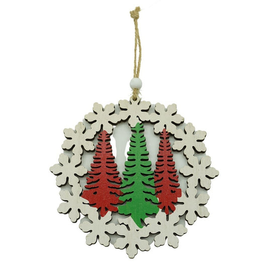 Decoratiune Brad Mos Craciun si Stea, Ornament de Craciun cu Agatatoare, Lemn, Multicolor, 10 x 10 cm
