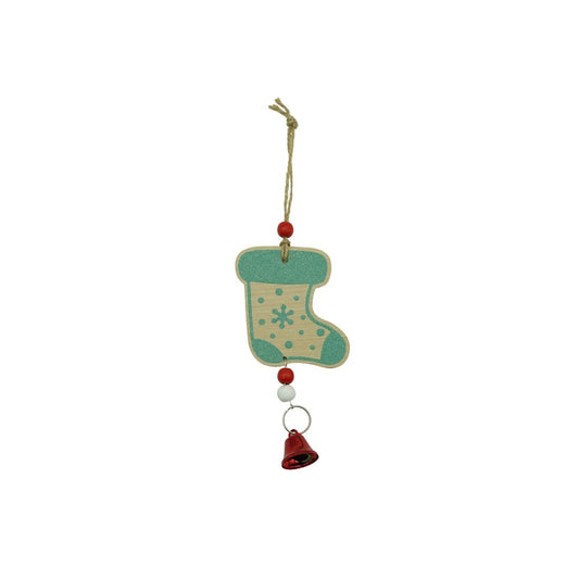 Ornament Brad Craciun Ciorap Cu Clopotel, Decoratiune De Agatat Din Lemn, Design Festiv, Multicolor, 17 x 7.7 cm
