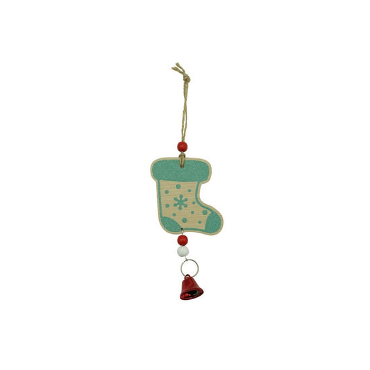 Ornament Brad Craciun Ciorap Cu Clopotel, Decoratiune De Agatat Din Lemn, Design Festiv, Multicolor, 17 x 7.7 cm