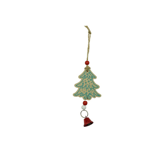Decoratiune Brad Craciun sub Forma de Fulg de Nea, Ornament Suspendabil cu Agatatoare, Lemn Natural, Multicolor, 18 x 9 cm