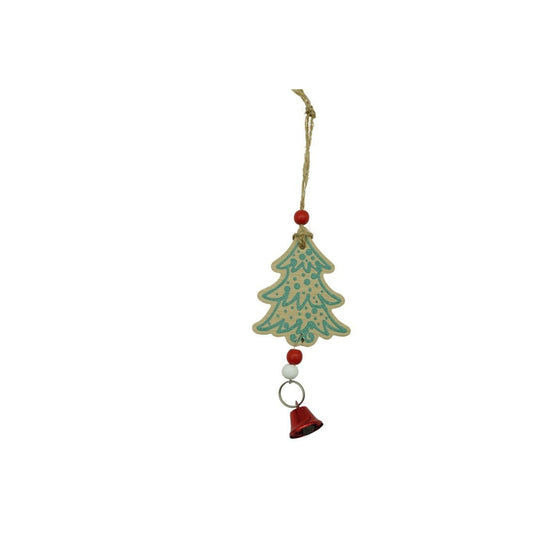 Decoratiune Brad Craciun sub Forma de Fulg de Nea, Ornament Suspendabil cu Agatatoare, Lemn Natural, Multicolor, 18 x 9 cm