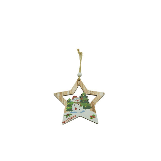 Ornament de Brad Stea cu Om de Zapada, Decoratiune de Craciun Suspendata, Lemn, Multicolor, 9.9 cm