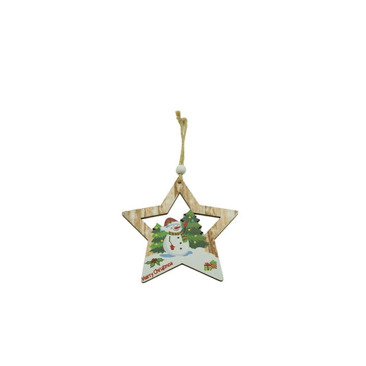 Ornament de Brad Stea cu Om de Zapada, Decoratiune de Craciun Suspendata, Lemn, Multicolor, 9.9 cm